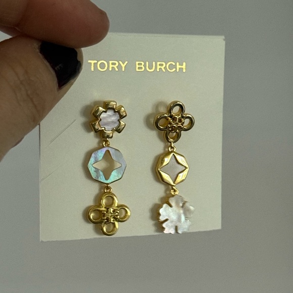 NWT Tory Burch Kira mismatched Gold and mother of pearl Geometric Drop Earrings - Picture 5 of 7